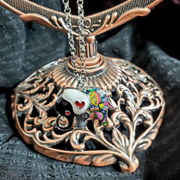 Handpainted Enamel Elephant, Necklace - White Ears - Picture 2 of 7